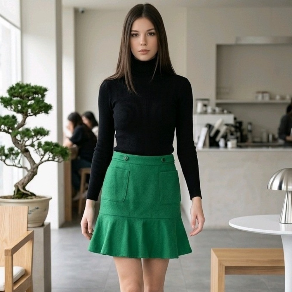 Anthropologie Maeve Size 2 Flared Hem Wool Blend Skirt Kelly Green Retro Mod NWT